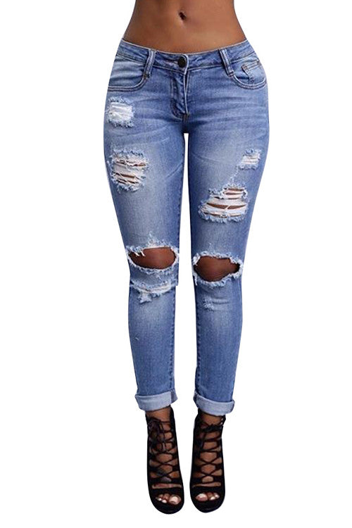 Hot Sale Women Light Blue Ripped Jeans Pant - Sins & Temptations