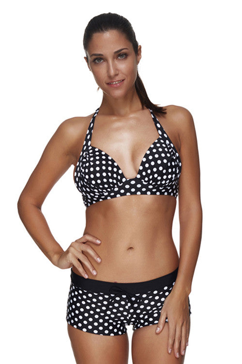 Stunning Black Polka Dot Two Piece Plus Size Halter Bikini Swimsuit Beachwear Swimwear - Sins & Temptations