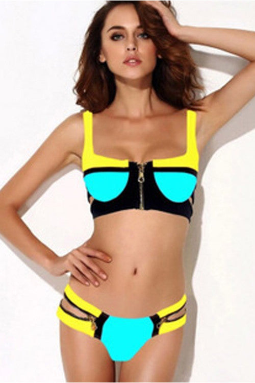 Brightly Colour Block Padded Zipper Bikini Top Adjustable Straps Swimwear - Sins & Temptations