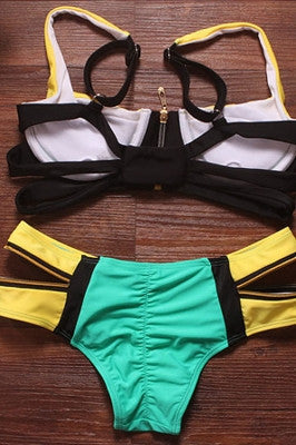 Brightly Colour Block Padded Zipper Bikini Top Adjustable Straps Swimwear - Sins & Temptations