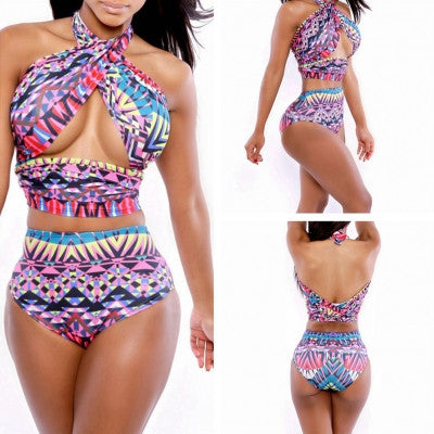 Colorful Tribal Print Backless High Rise Cross Halter Swimsuit Swimwear - Sins & Temptations