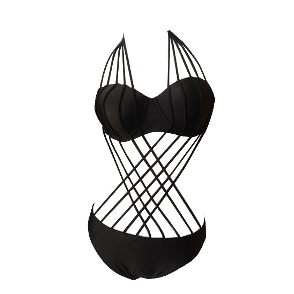 Astonished Crossed Halter Black Strappy One Piece Bathing Suit Swimwear - Sins & Temptations