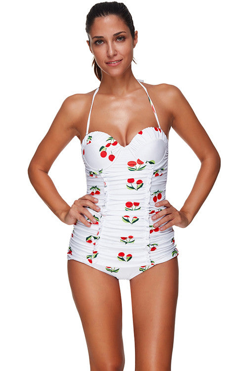 Cherry Pattern Ruched Big Size Halter One Piece Swimsuit Beachwear Swimwear - Sins & Temptations