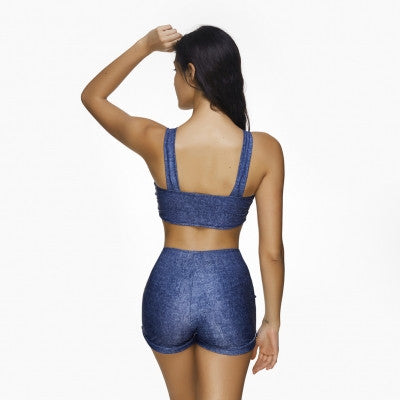 Exclusive Crop Top Denim Two Piece Swimsuit Boyleg Bottom Swimwear - Sins & Temptations