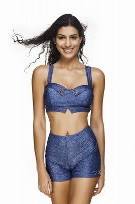 Exclusive Crop Top Denim Two Piece Swimsuit Boyleg Bottom Swimwear - Sins & Temptations