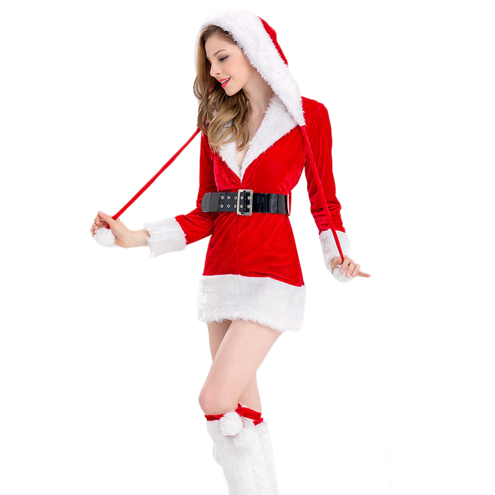 Darling Red Christmas Hooded Mini Dress Fur Trimmed V-Neck Costume Dress