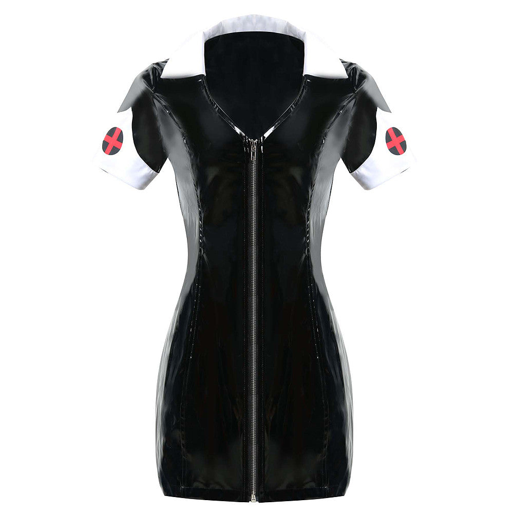 Seductress Black Shiny Leather Zipper Nurse Fancy Costume - Sins & Temptations