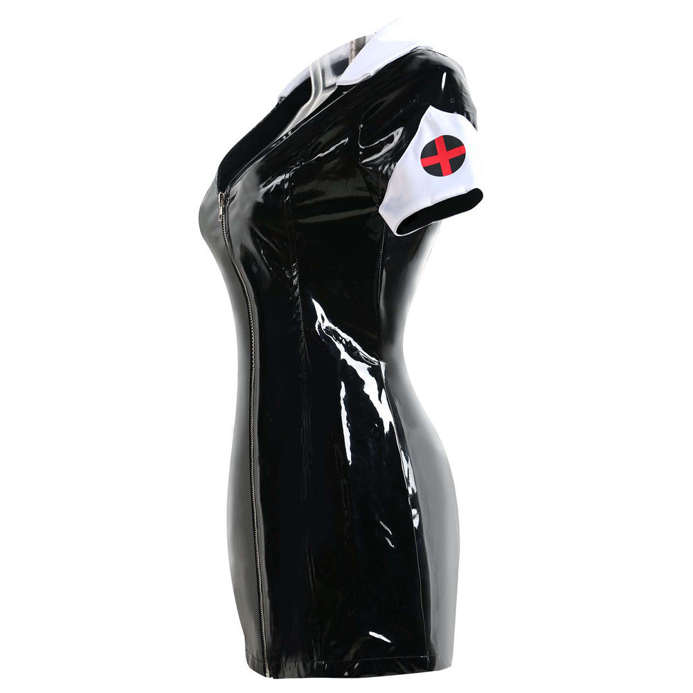Seductress Black Shiny Leather Zipper Nurse Fancy Costume - Sins & Temptations