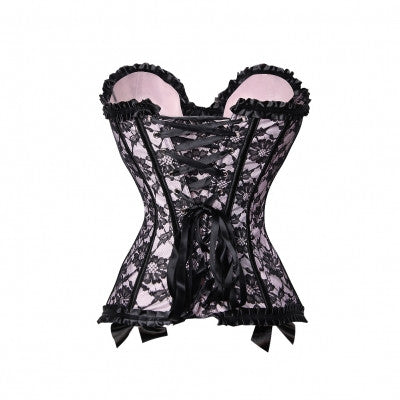 Flashy Pink Plus Size Lace Up Corset 12 Bones Vintage Jacquard - Sins & Temptations