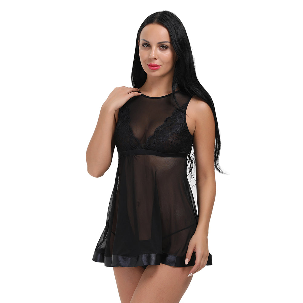 Tempting Black Mesh Keyhole Back With Hook Babydoll