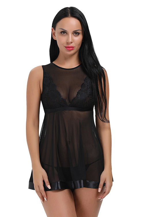 Tempting Black Mesh Keyhole Back With Hook Babydoll