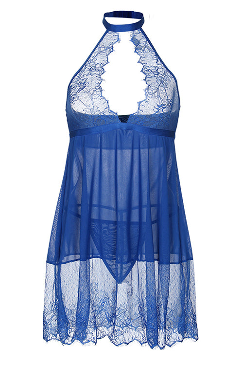 Voluptuous Dark Blue Open Back Floral Lace Babydoll lingerie - Sins & Temptations