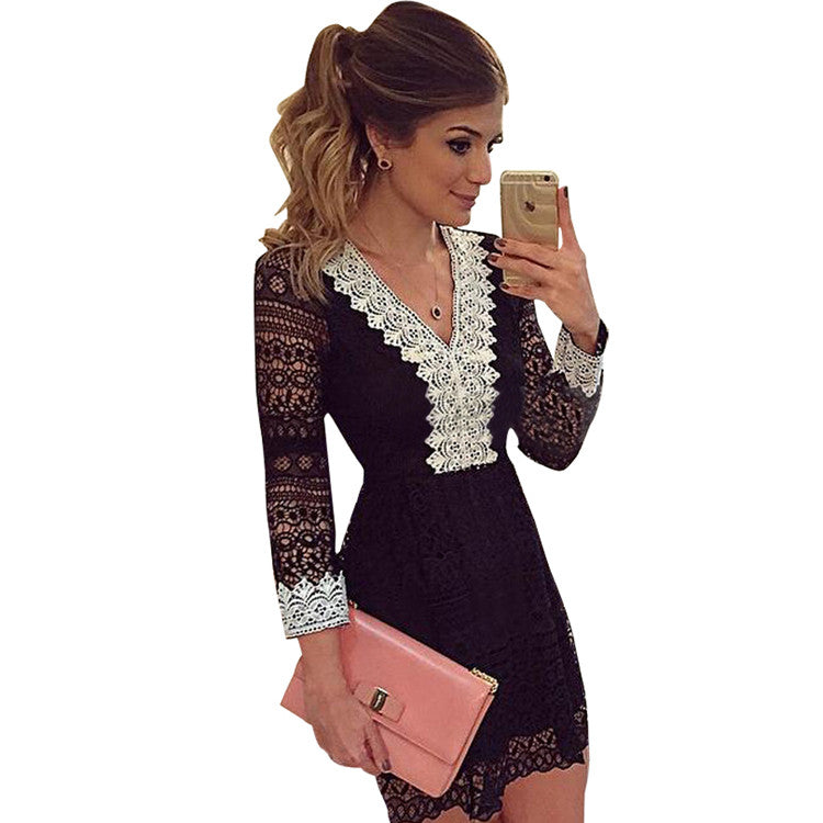 Black V-neck Lace Up Above Knee Ladies Summer Pary Dress - Sins & Temptations