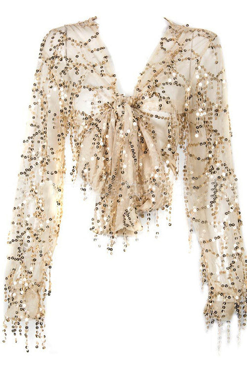 Dainty Long Sleeve Sequined Casual Gold Blouse Tops - Sins & Temptations