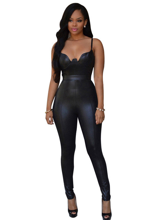 Skinny Open Back Spaghetti Strap Black Romper Long Pants Jumpsuit - Sins & Temptations