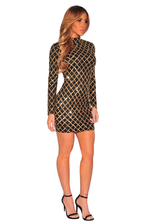 Shimmery Gold Sequin Mini Dress Long Sleeve Bodycon Fit Evening Party Dress - Sins & Temptations