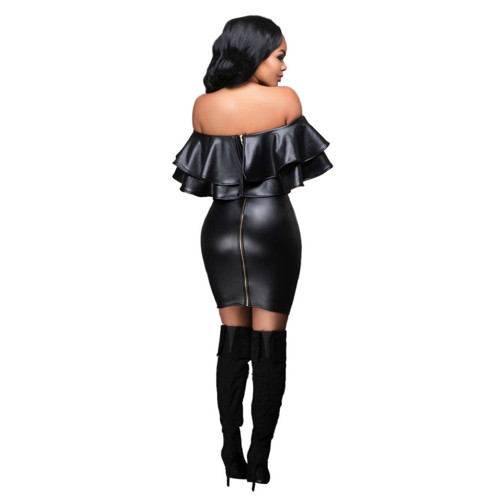 Sultry Leather Bodycon Off The Shoulder Dress Ruffles - Sins & Temptations