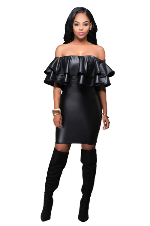 Sultry Leather Bodycon Off The Shoulder Dress Ruffles - Sins & Temptations