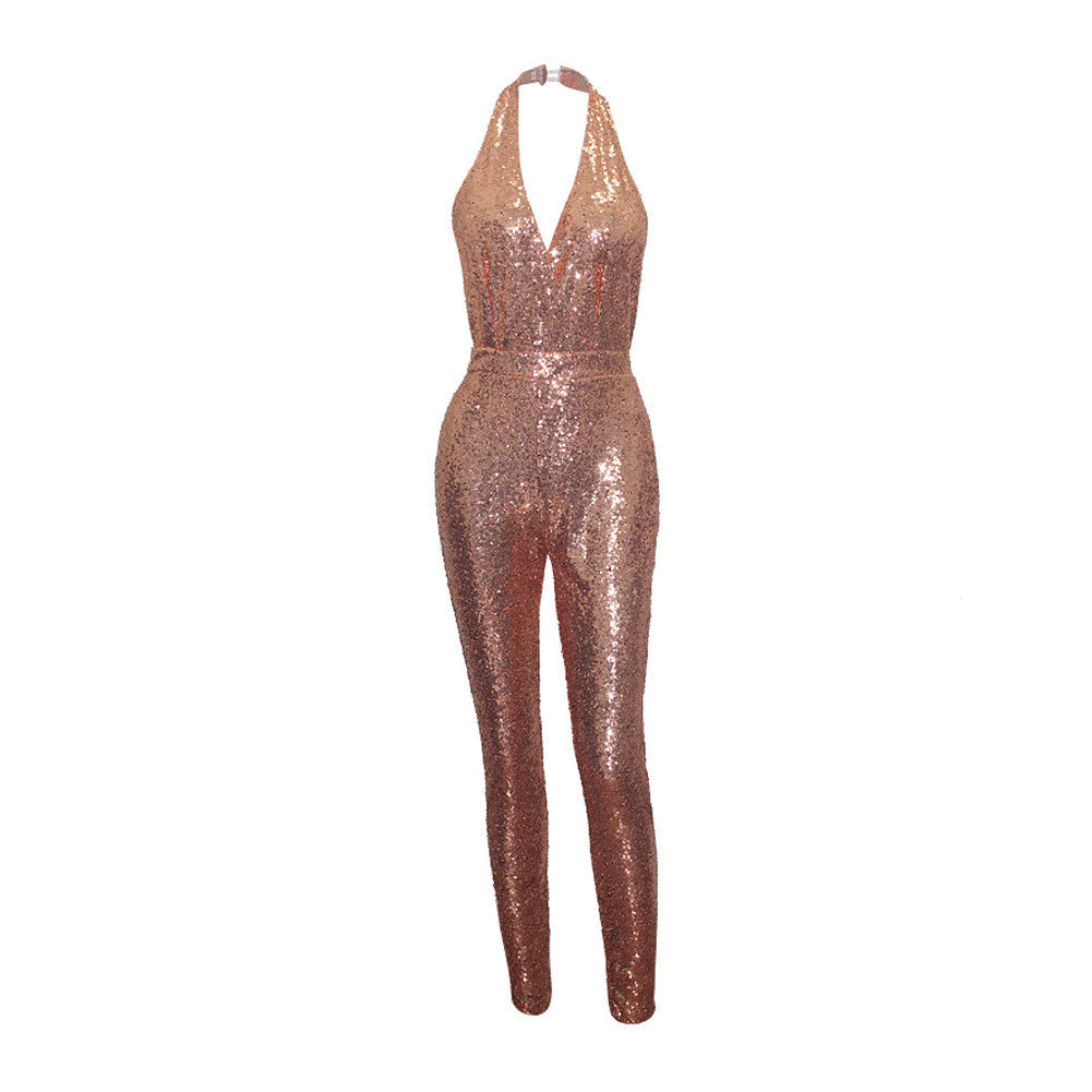 Luscious Gold Sequin Jumpsuit Halter Plunging Neckline Romper backless dress - Sins & Temptations