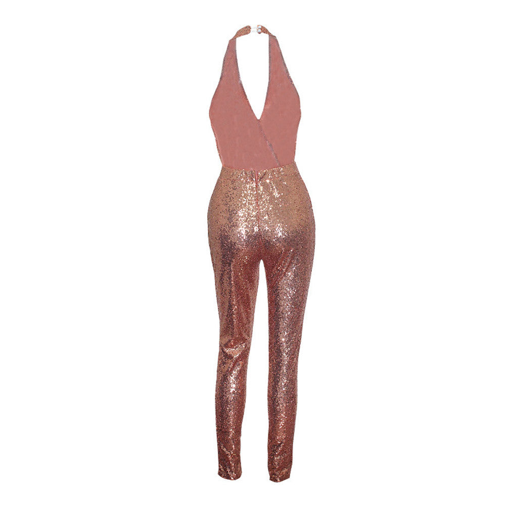 Luscious Gold Sequin Jumpsuit Halter Plunging Neckline Romper backless dress - Sins & Temptations