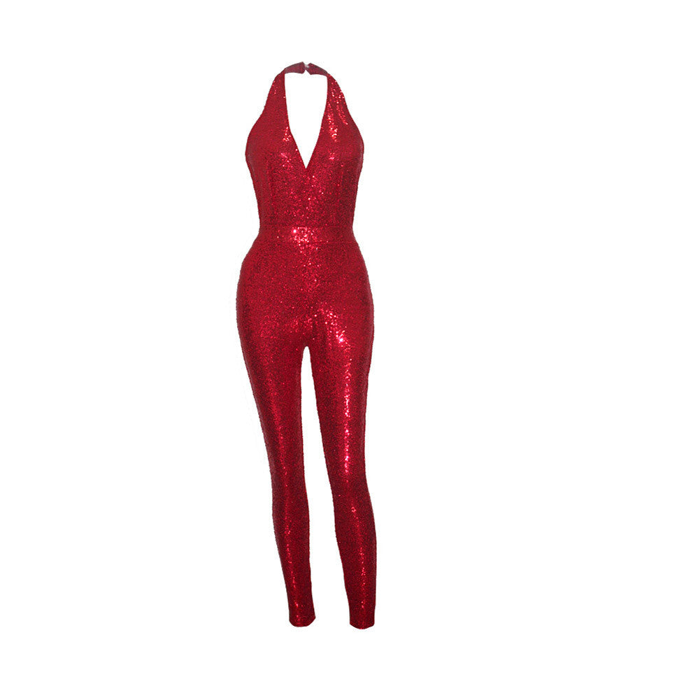 Shimmery Red Sequined Jumpsuit High Waisted Backless Dress - Sins & Temptations