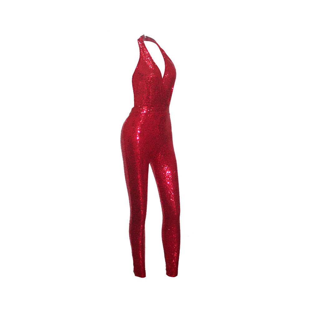 Shimmery Red Sequined Jumpsuit High Waisted Backless Dress - Sins & Temptations