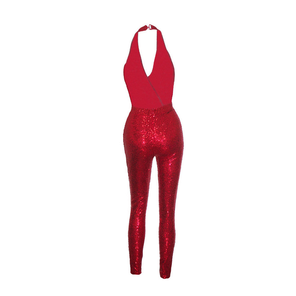 Shimmery Red Sequined Jumpsuit High Waisted Backless Dress - Sins & Temptations