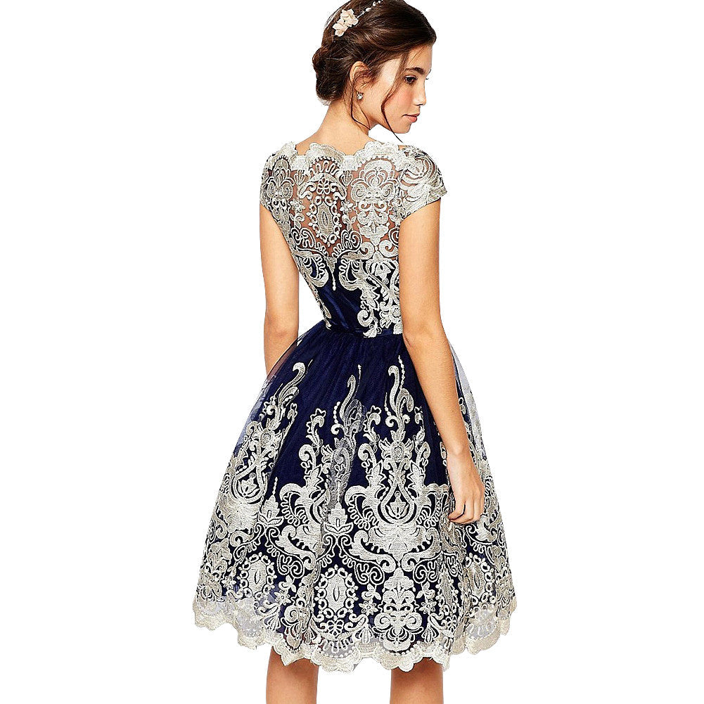 Premium Embroidery Metallic Lace Formal Skater Partywear One Piece Dress - Sins & Temptations