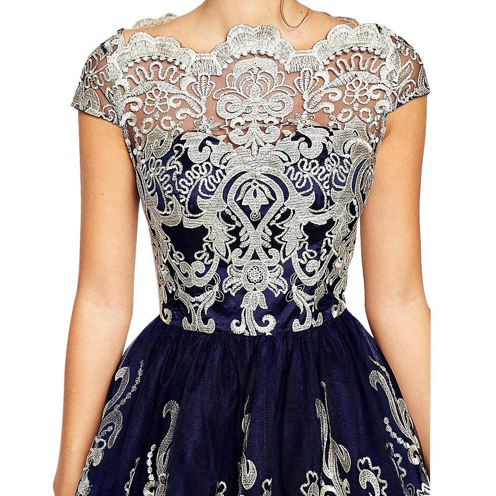 Premium Embroidery Metallic Lace Formal Skater Partywear One Piece Dress - Sins & Temptations