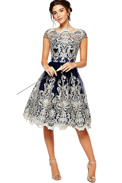 Premium Embroidery Metallic Lace Formal Skater Partywear One Piece Dress - Sins & Temptations