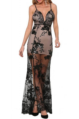 Evening Party Backless Mesh Black Sequin Maxi Dress - Sins & Temptations