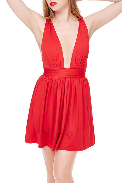 Luxurious Clubwear Cross Back Mini Red Skater Partywear One Piece Dress - Sins & Temptations