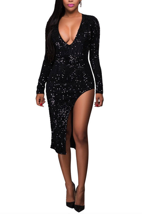 clubwear dresses Brilliant High Slit Bodycon Black Sequin Long Sleeve Dress - Sins & Temptations