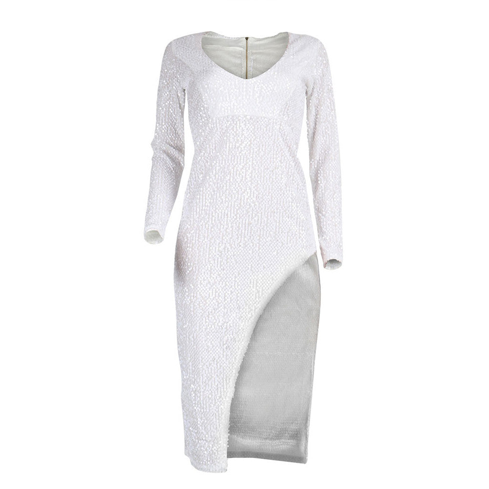 Glitter Club White Sequin Irregular Hem Long Sleeve Bodycon Slit Dress - Sins & Temptations