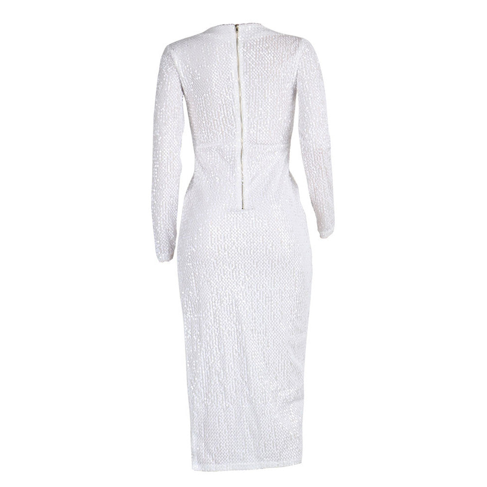 Glitter Club White Sequin Irregular Hem Long Sleeve Bodycon Slit Dress - Sins & Temptations