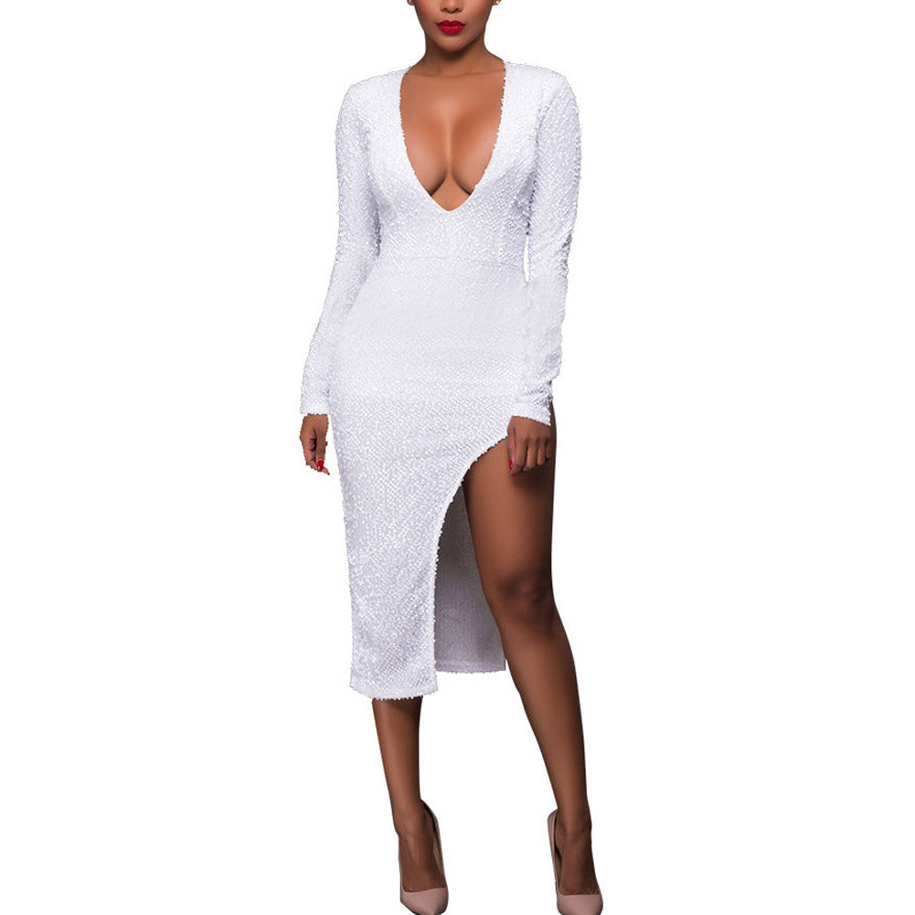 Glitter Club White Sequin Irregular Hem Long Sleeve Bodycon Slit Dress - Sins & Temptations