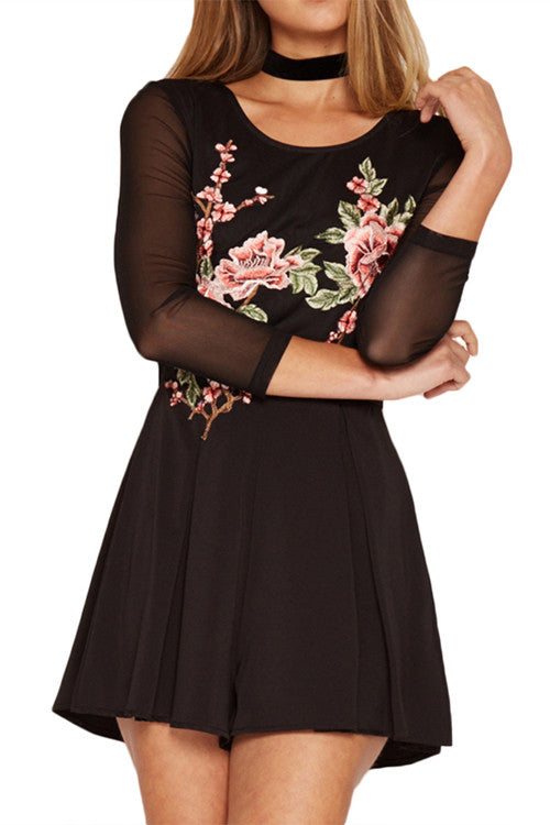 Embroidery Net Yarn Splicing Pleated Long Sleeve Summer Romper Playsuit Dress - Sins & Temptations