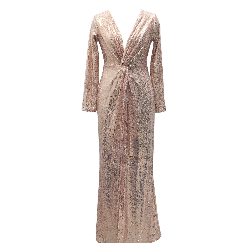 Dainty High Split Rose Gold Long Sleeve Maxi Evening Dress - Sins & Temptations