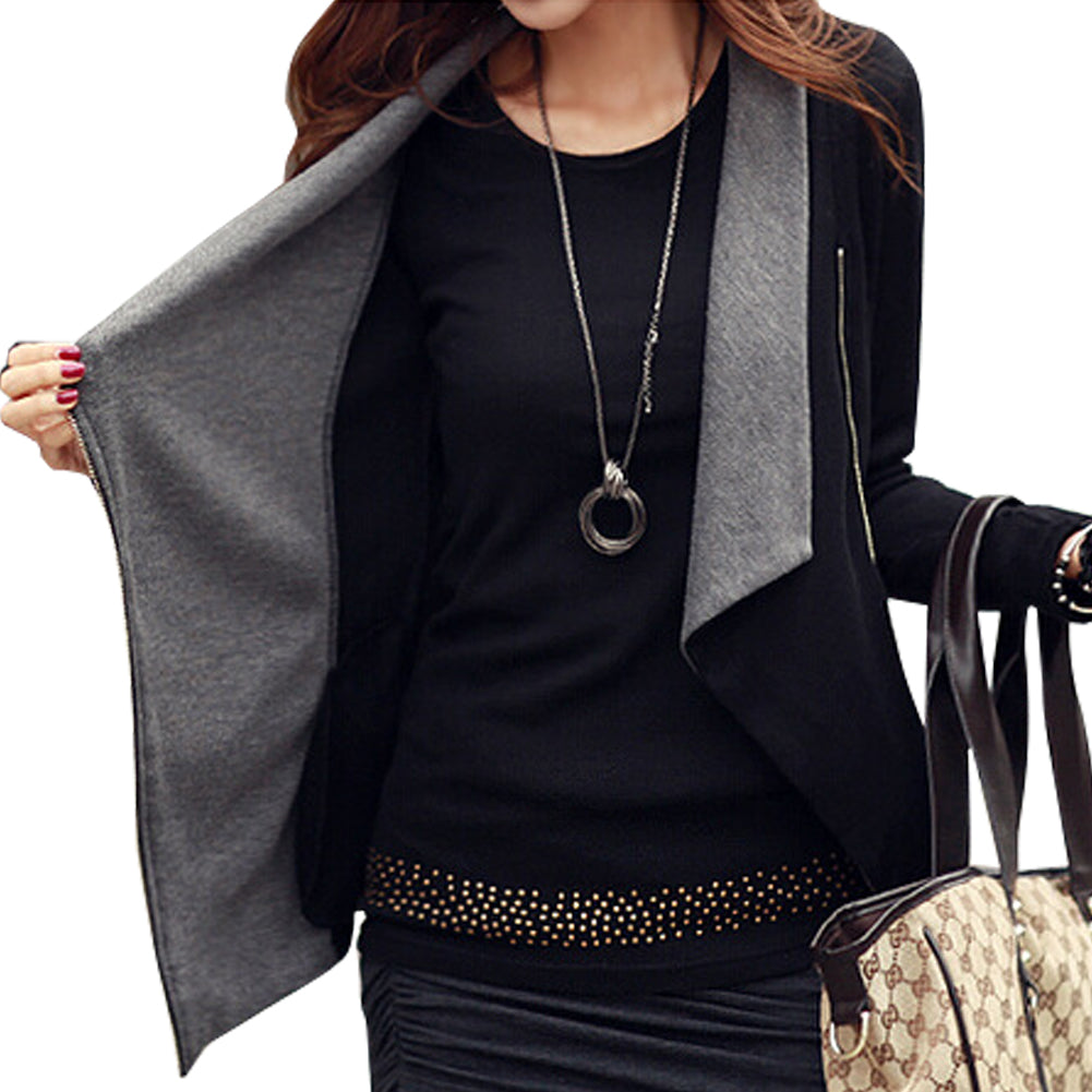 Black Zipper Long Sleeve Casual Big Lapel Womens Cotton Jacket With Pocket - Sins & Temptations