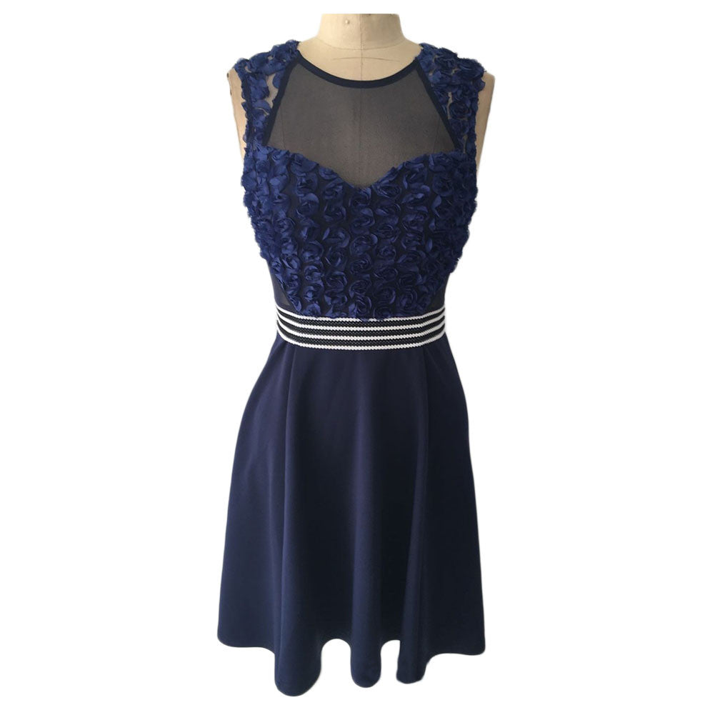 Racy Navy Blue Mesh Insert Skater Dress Contrast Waistband Club Party Dress - Sins & Temptations