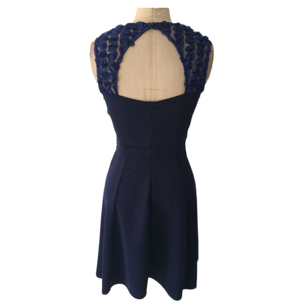 Racy Navy Blue Mesh Insert Skater Dress Contrast Waistband Club Party Dress - Sins & Temptations