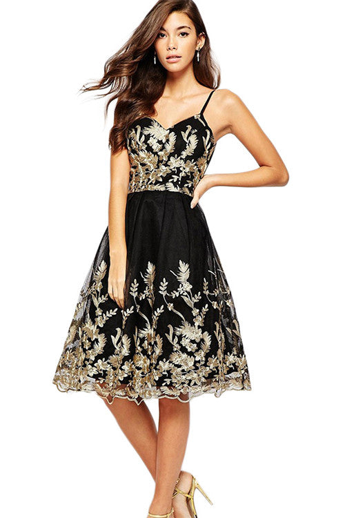 Premium Metallic Lace Embroidered Cami Strap Midi Prom party ware Dress - Sins & Temptations