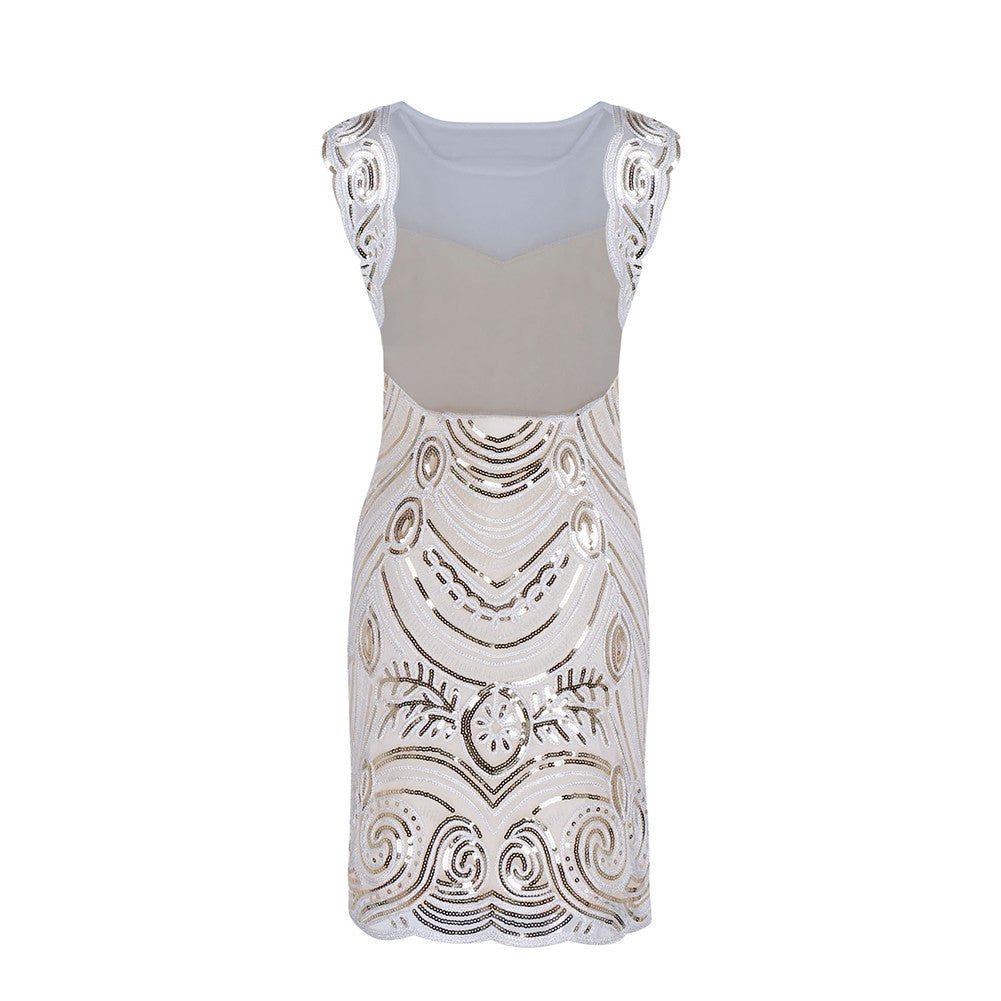 Glamorous Illusion Beige Flapper Dress Clubwear Party Back Mesh Layered Sequined One Piece - Sins & Temptations