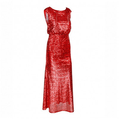 Magnificent Long Red Sequin Dress Jewel Neck Back Mesh - Sins & Temptations