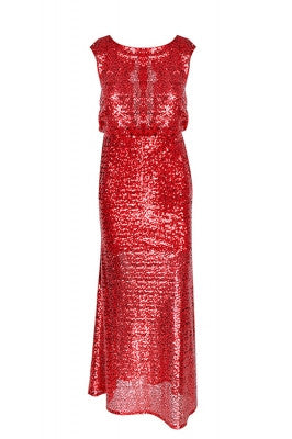 Magnificent Long Red Sequin Dress Jewel Neck Back Mesh - Sins & Temptations
