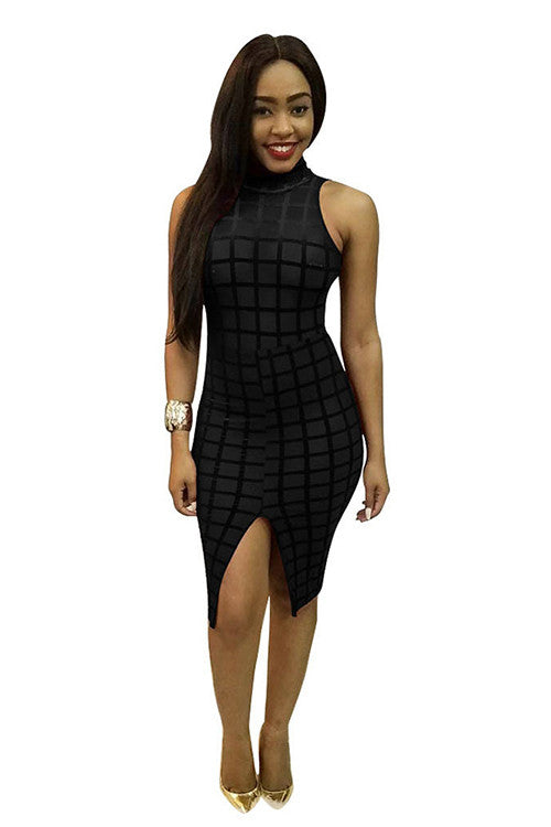Curvy Black Sleeveless Bodycon Knee Length High Neck Party Clubwear Dress - Sins & Temptations