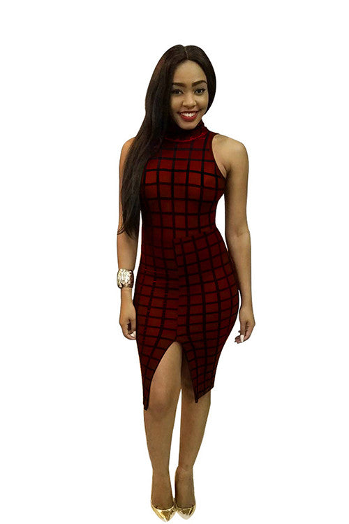 Showstopper Slim Plaid Slit High Neck Bodycon Party Clubwear Dress - Sins & Temptations