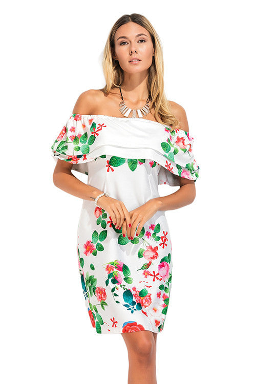 Graceful Straight Shoulder Printed Ruffle Overlay Sheath Dress - Sins & Temptations