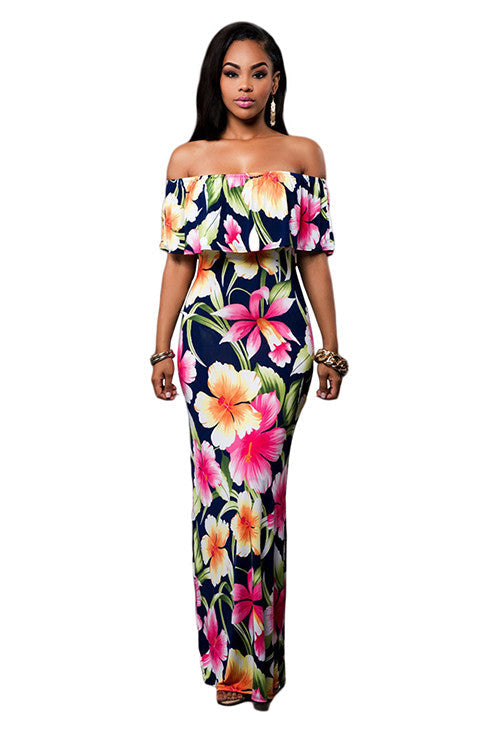 Glittering Floral Print Ruffle Overlay Maxi Slash Neck Dress - Sins & Temptations
