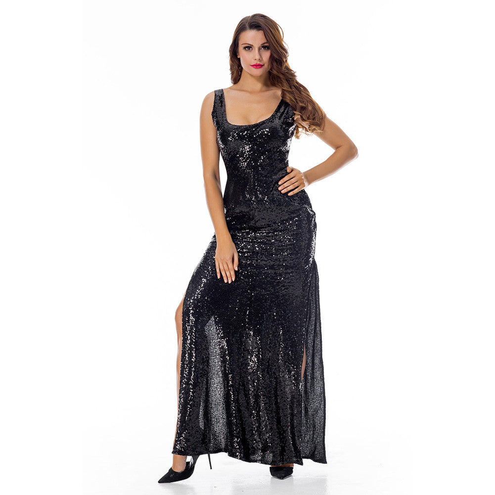Glittering Boat Neck Black Sequin Maxi Dress Side Slit - Sins & Temptations